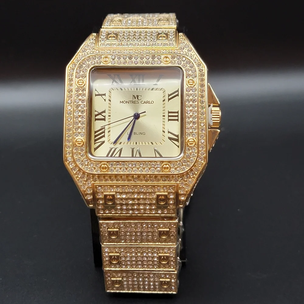 Men’s Gold Tone Iced Out Pavé MC Montres Carlo Bling Watch – Roman Numerals 45mm